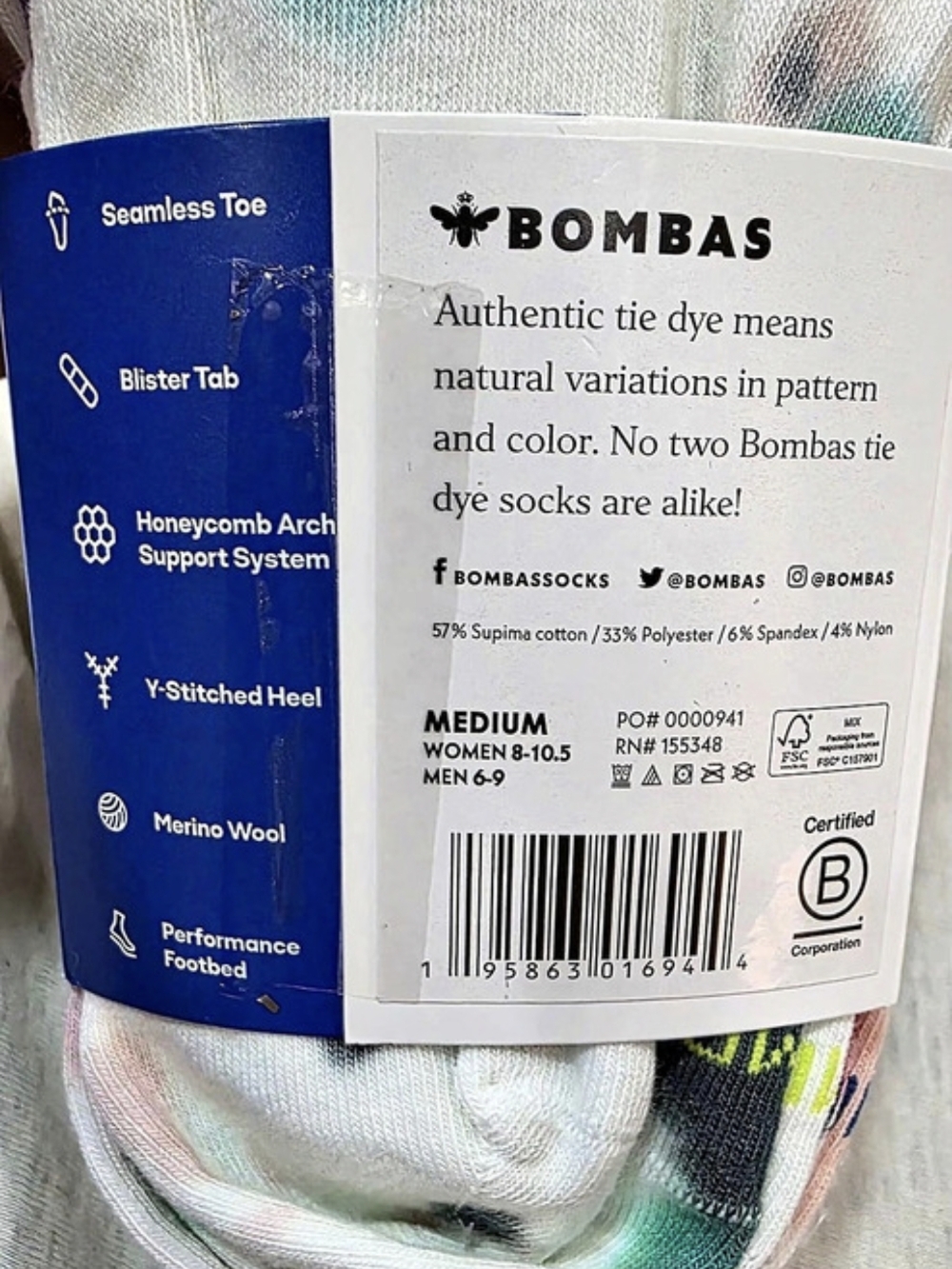 Bombas 4 Pack Lightweight Authentic Tie Dye Ankle Socks, Medium - Picture 4 of 4